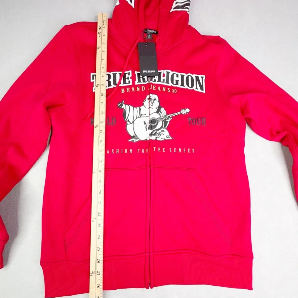 True Religion Full-Zip Fleece-Lined Hoodie Buddha Icon Men’s M Red Streetwear